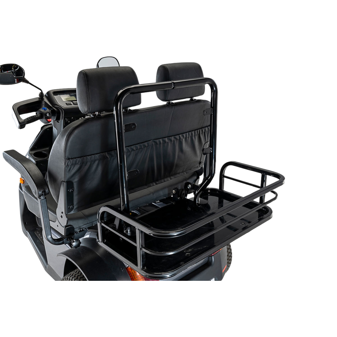An Afikim Electric Vehicle with dual black seats, a rear cargo rack, and a sturdy frame offers passenger customization. The rear-angle image shows part of the handle and control panel, highlighting potential for Afikim Electric Vehicle Accessories.
